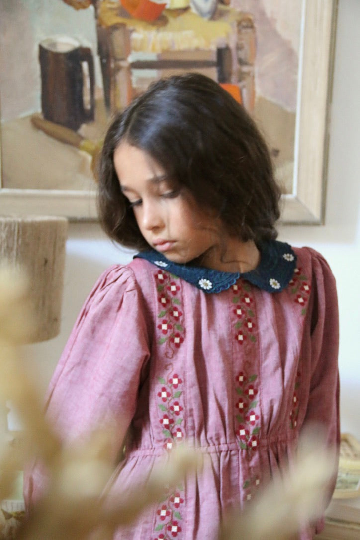 Robe brodée rouge chambray