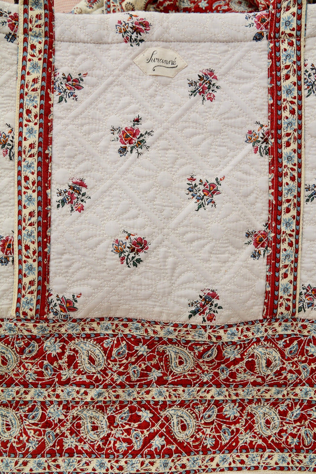 large quilted market tote with garden print