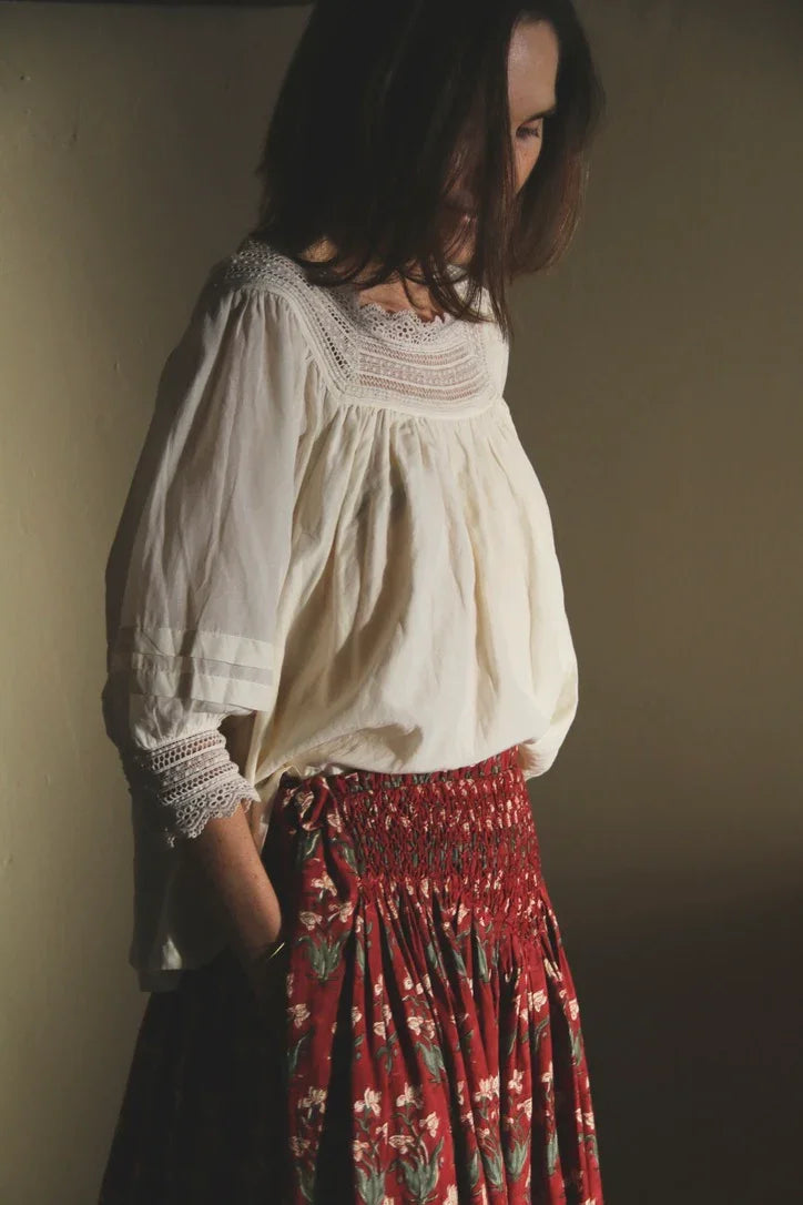 Long smocked skirt "Iris" hand block printed