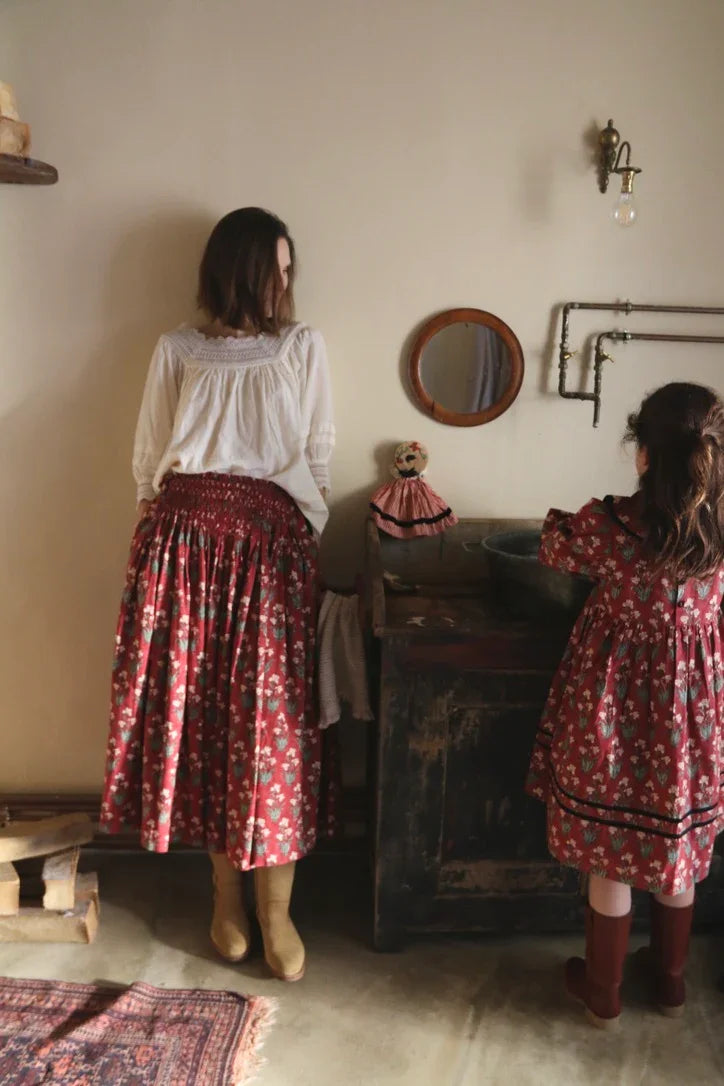 Long smocked skirt "Iris" hand block printed