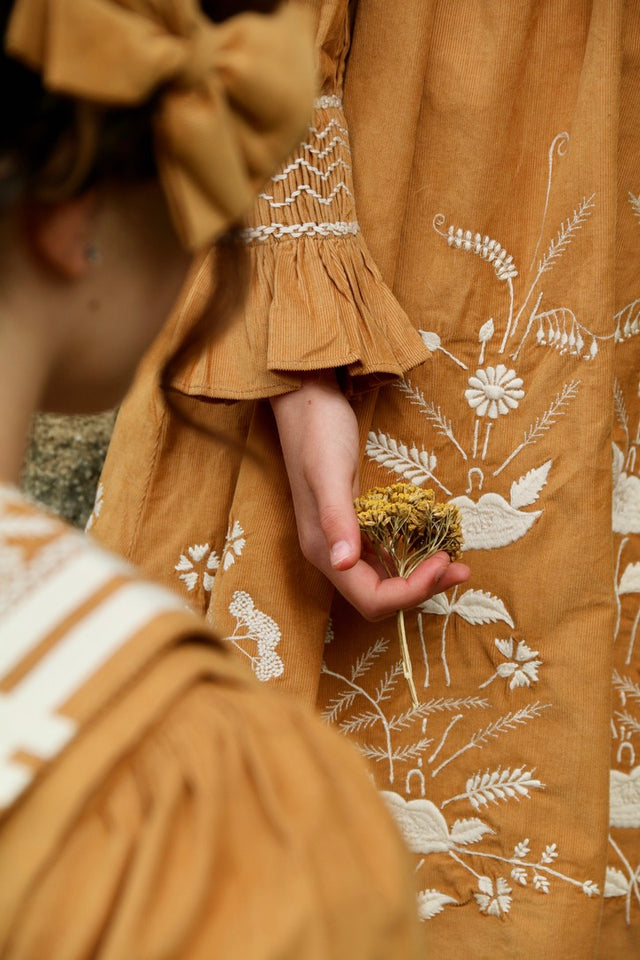 Robe brodée en velours milleraies caramel / curry