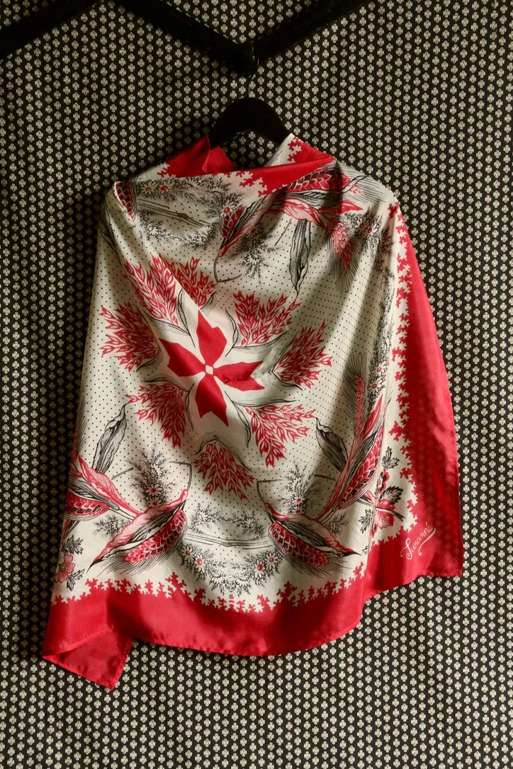 Grand foulard en soie rouge épis de blé