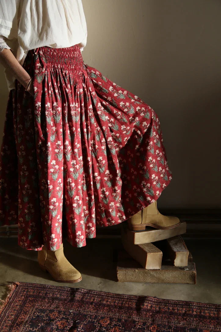 Long smocked skirt "Iris" hand block printed