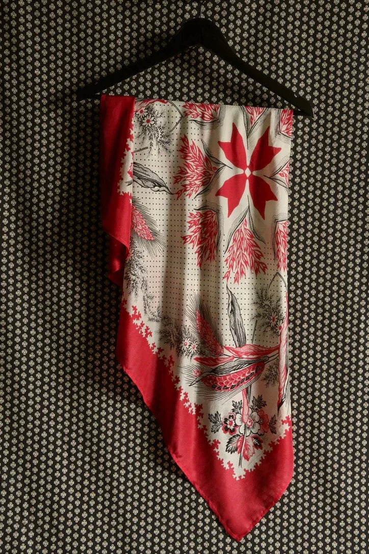 Grand foulard en soie rouge épis de blé