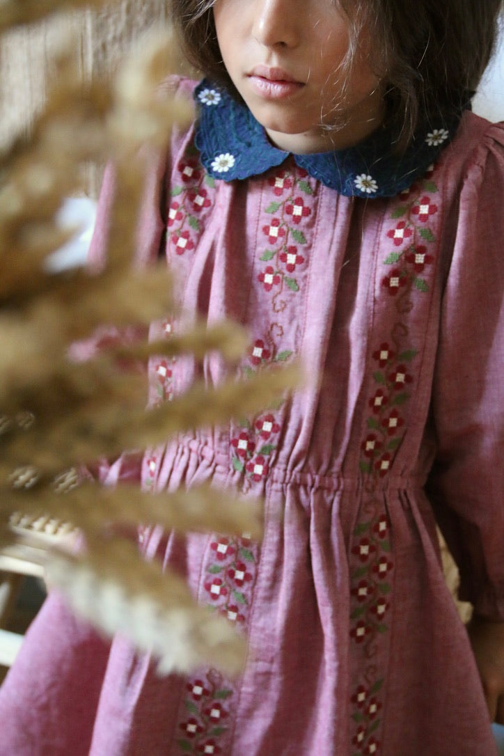 Robe brodée rouge chambray