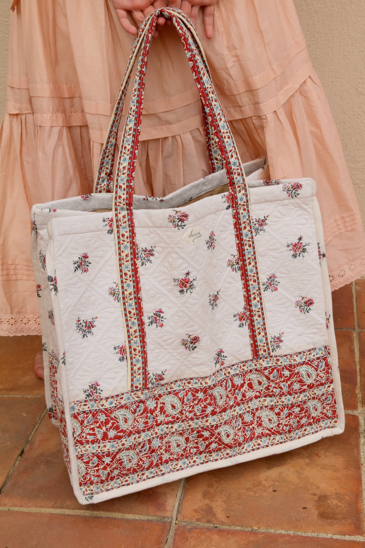 large quilted market tote with garden print