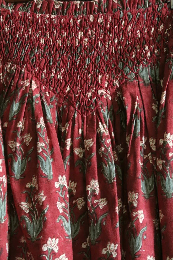 Long smocked skirt "Iris" hand block printed