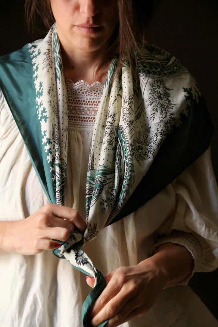 Grand foulard en soie vert foncé épis de blé