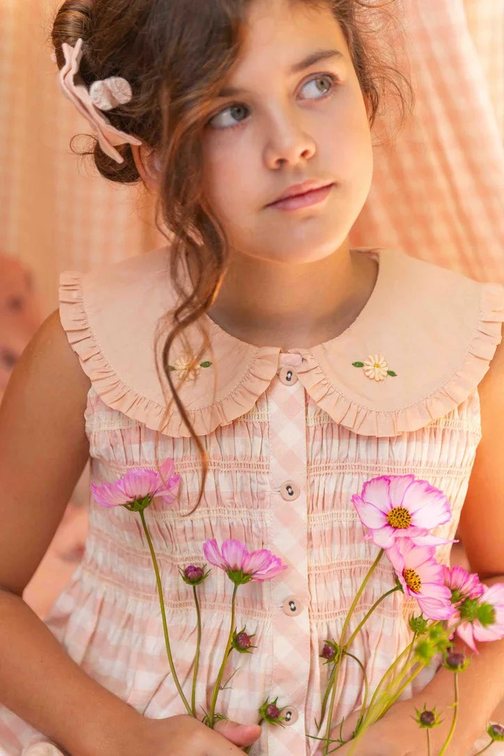 Emb. tunic + hair clip Pink Vichy with small design eyelete emb