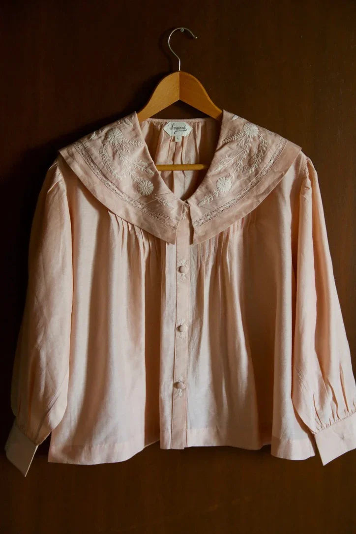 nude pink blouse with embroidered sailor collar