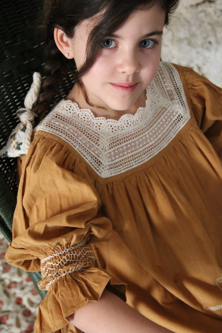 Caramel / curry corduroy embroidered dress