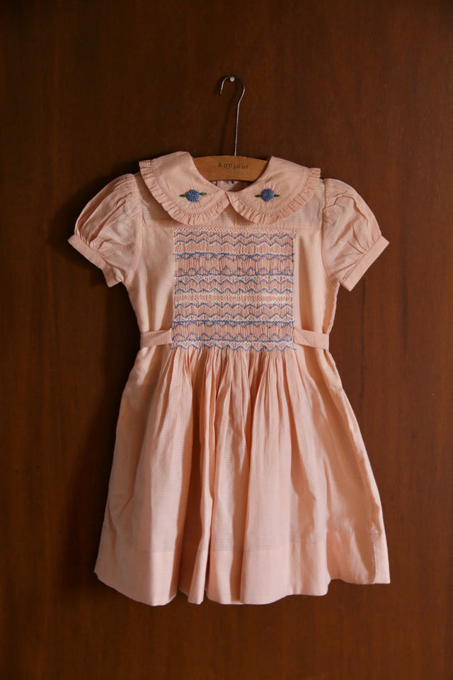 Robe à smocks voile carreau rose nude