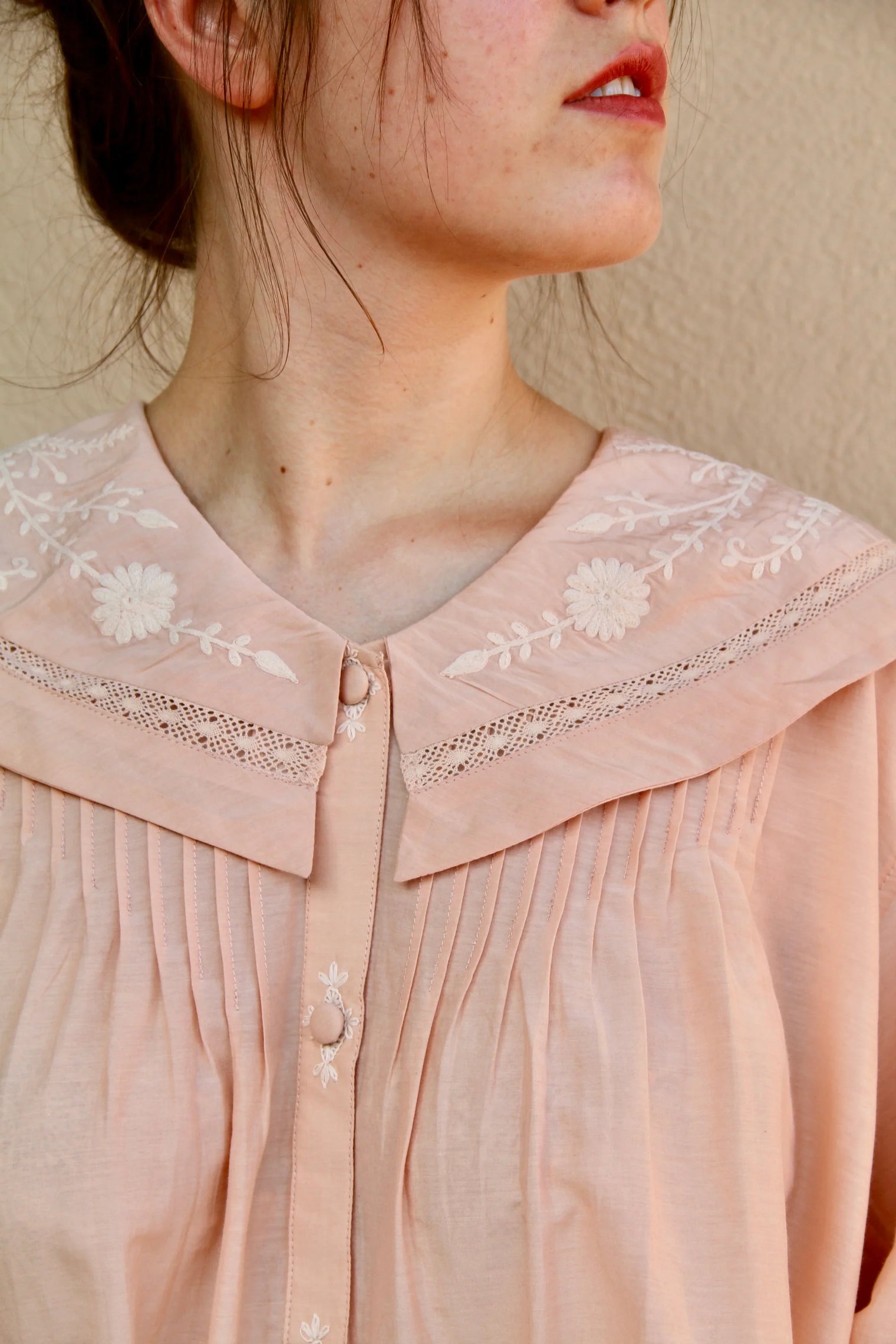nude pink blouse with embroidered sailor collar