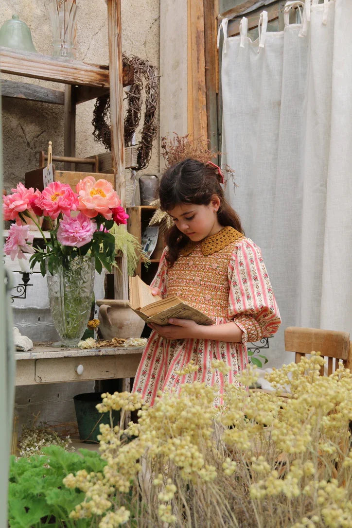 Blouse à smocks rayure tapisserie rose et son col crochet amovible