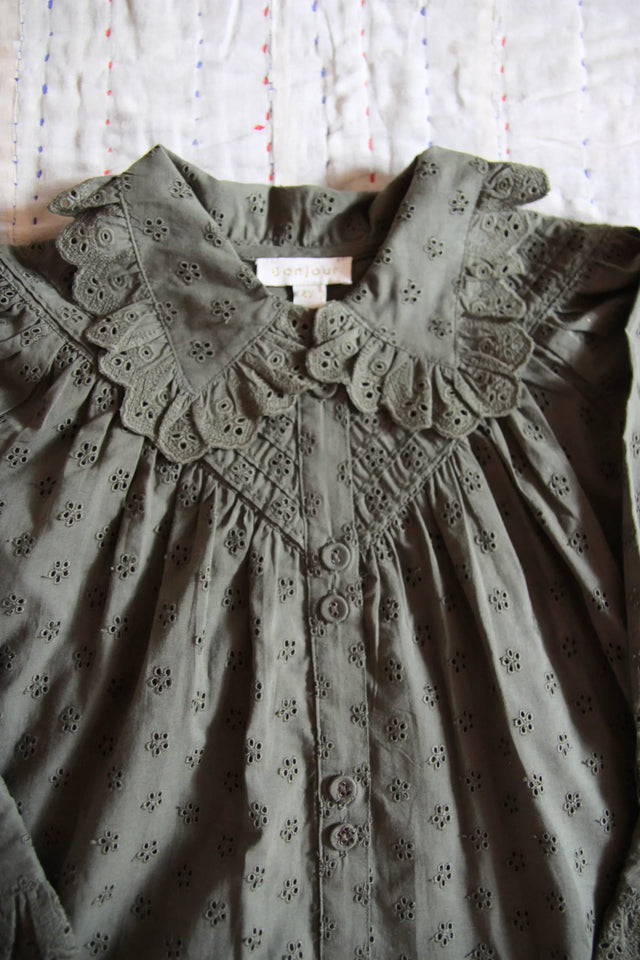 Children’s eyelet embroidered blouse with scalloped ruffle collar and buttons, sage green