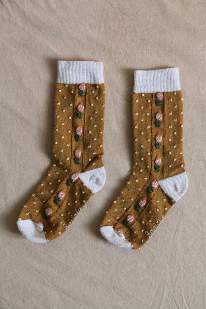 Chaussettes pois et fleurs curry / caramel