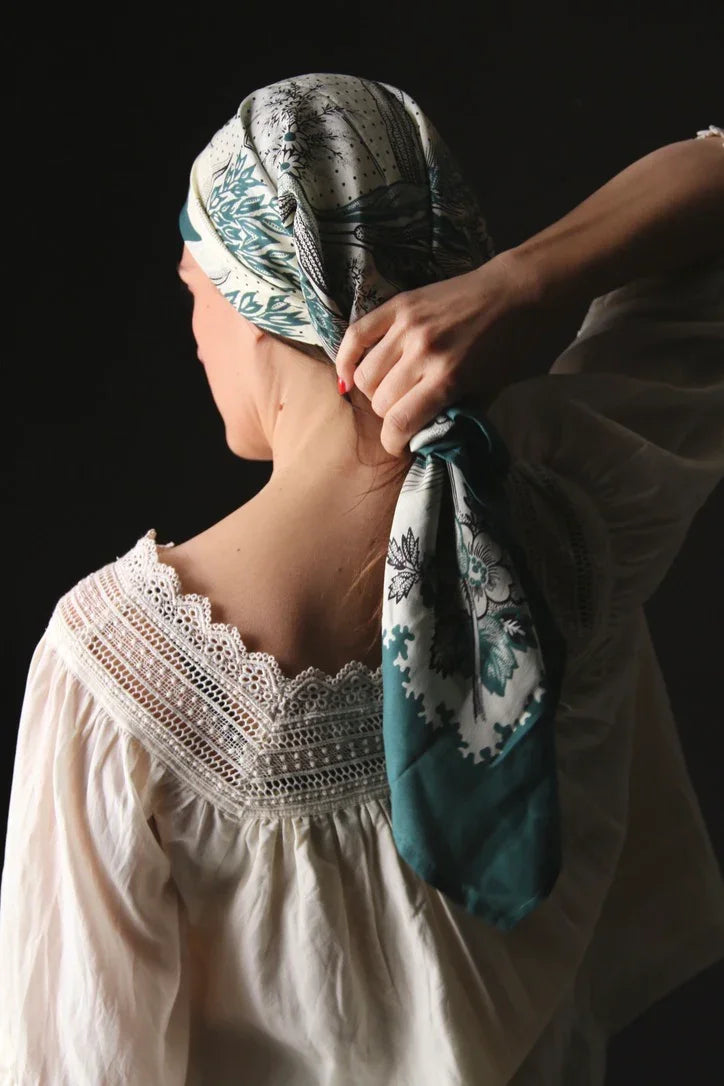 Grand foulard en soie vert foncé épis de blé