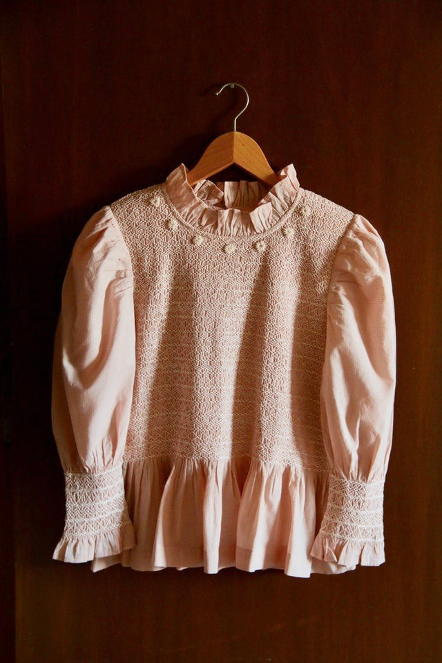 Blouse à smocks voile de coton carreau tissé nude