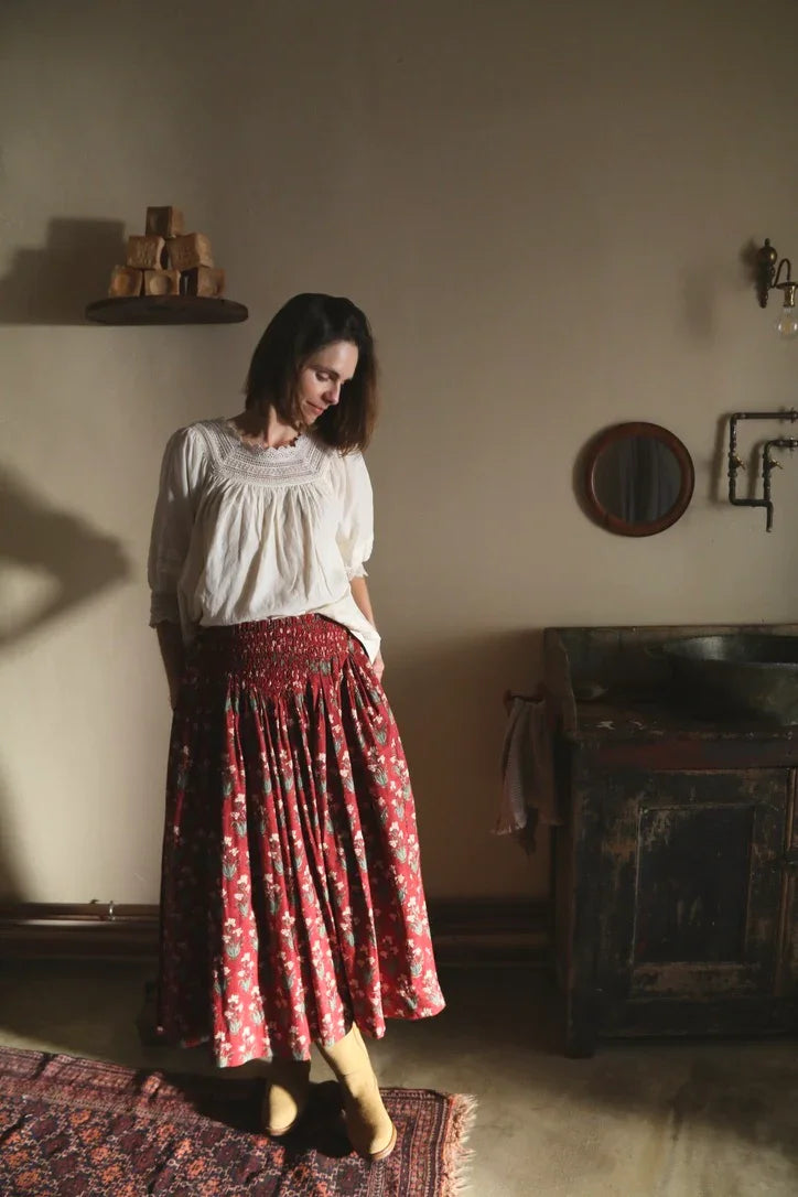 Long smocked skirt "Iris" hand block printed