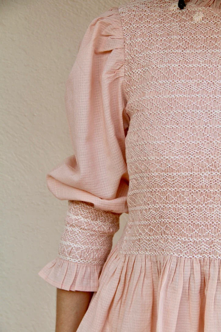 Smocked blouse in woven checked cotton voile, nude
