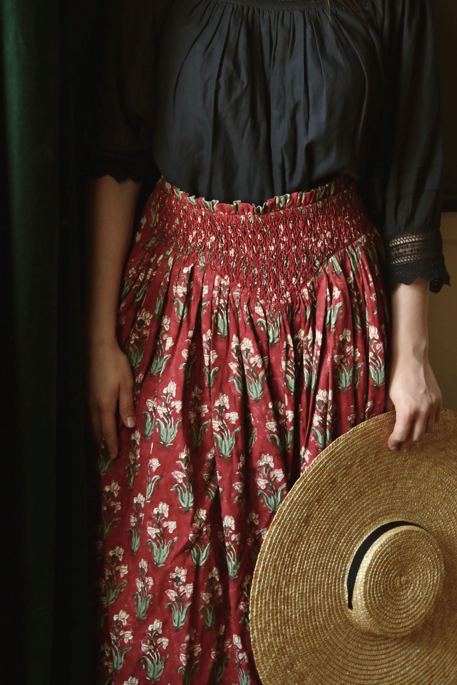 Long smocked skirt "Iris" hand block printed