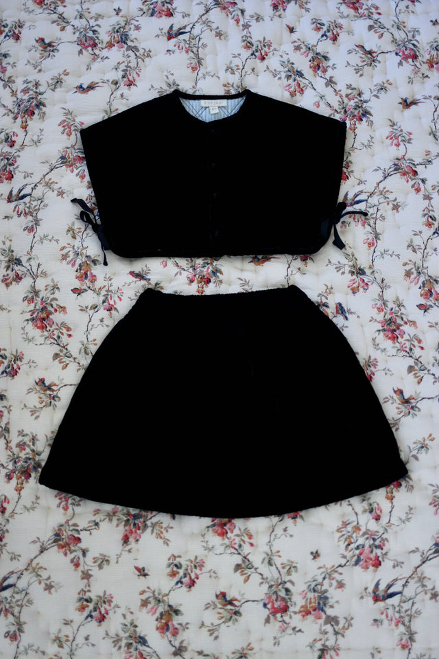 Black velvet quilted top and skirt set