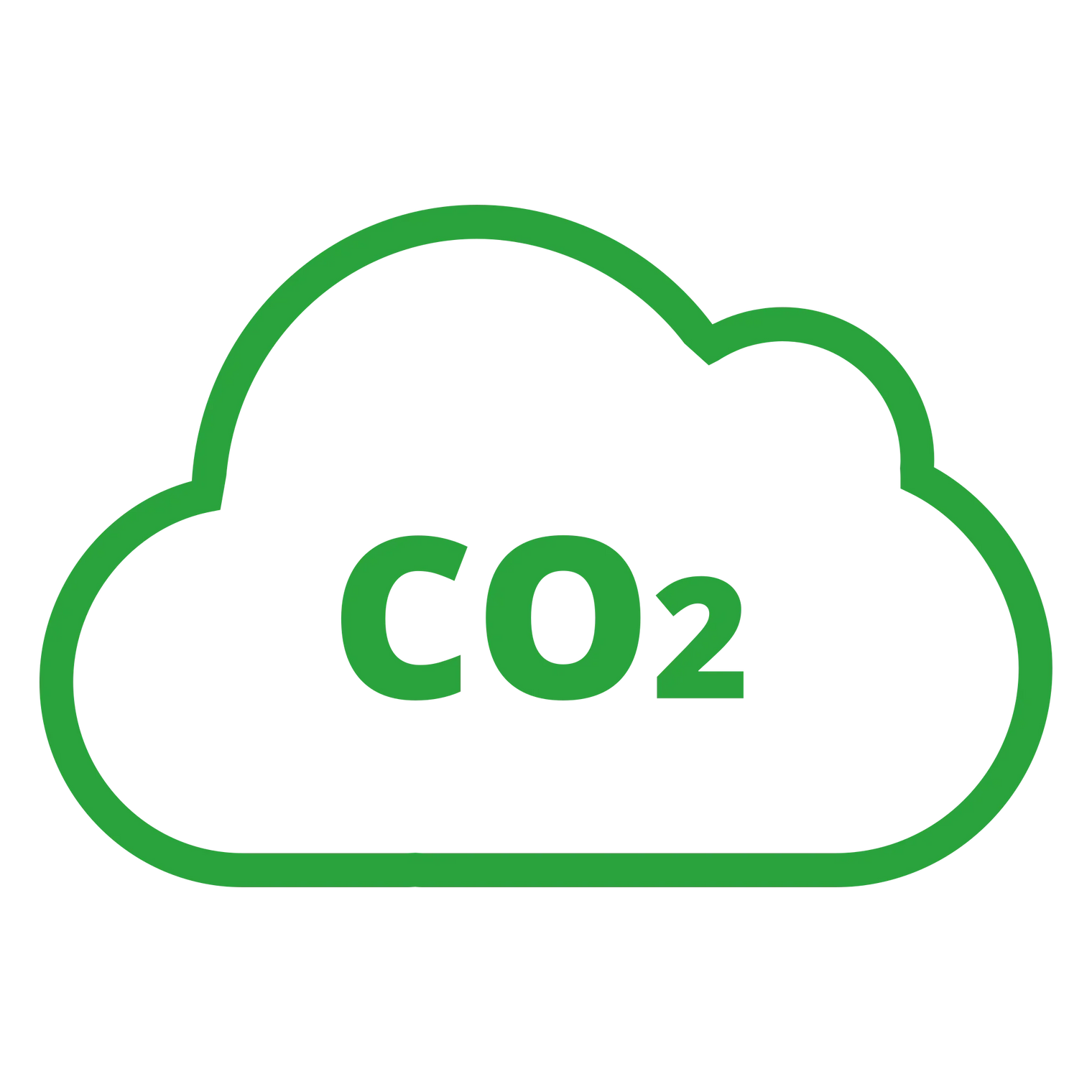 Green CO2 cloud outline icon representing carbon dioxide emission