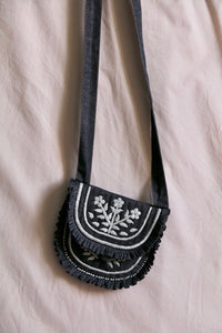 Small black denim embroidered bag and its matching hair clip