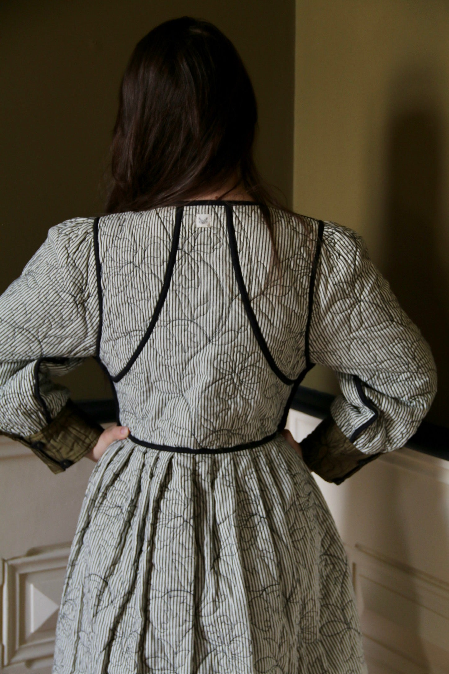 Reversible quilted coat dress, khaki taffeta / black & ivory stripe