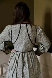 Reversible quilted coat dress, khaki taffeta / black & ivory stripe