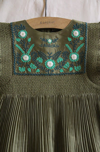 Embroidered pleated taffeta dress khaki