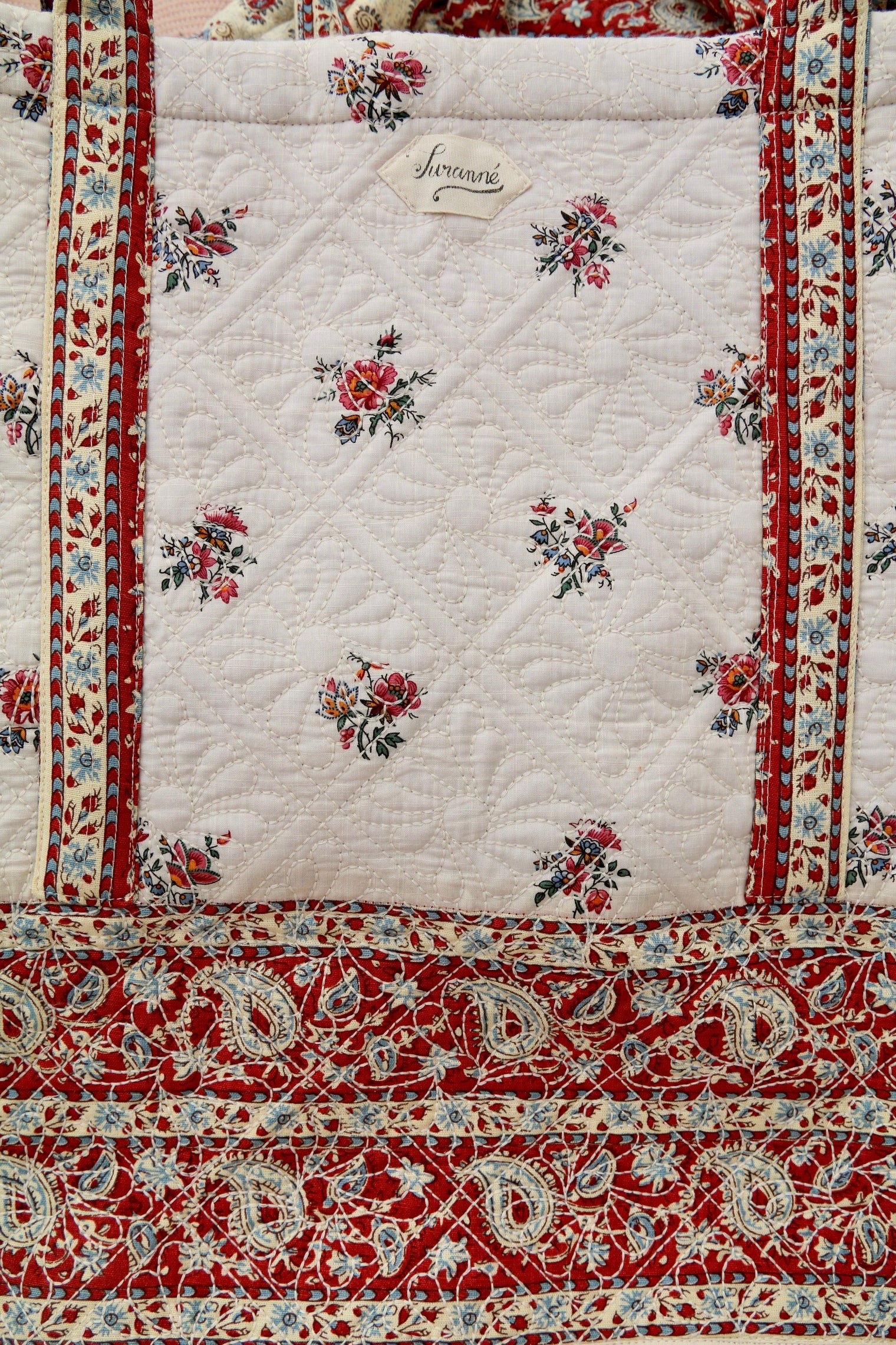 large quilted market tote with garden print
