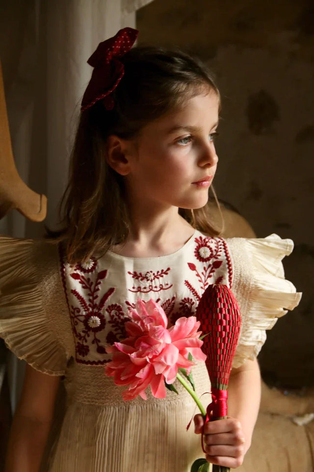 Ivory pleated taffeta embroidered dress