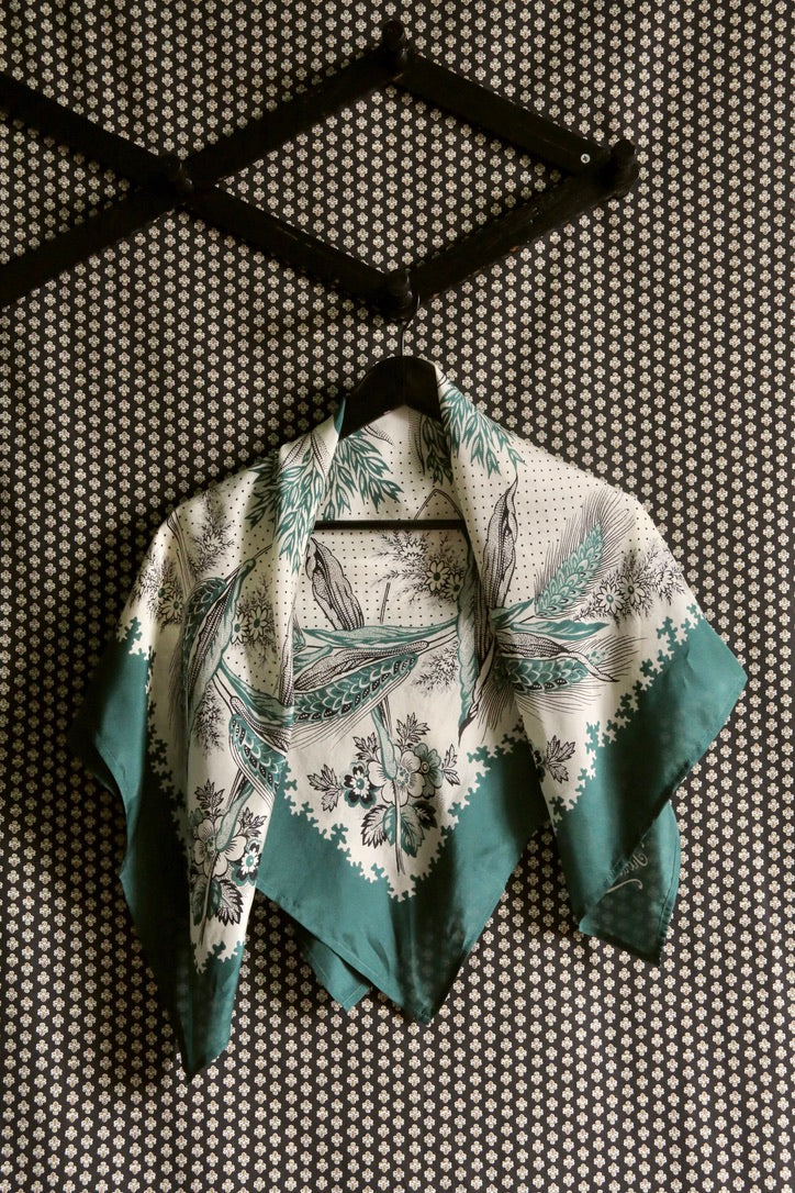 Grand dark green silk scarf with wheat ears