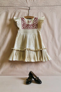 Ivory pleated taffeta embroidered dress