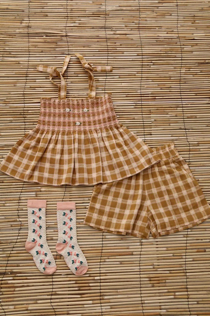 Ensemble short et top nid d'abeille caramel/ fraise