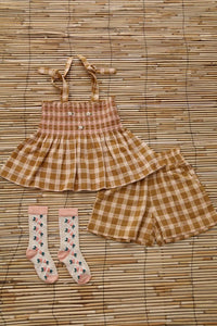 Ensemble short et top nid d'abeille caramel/ fraise