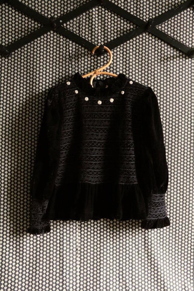 Black velvet smocked blouse