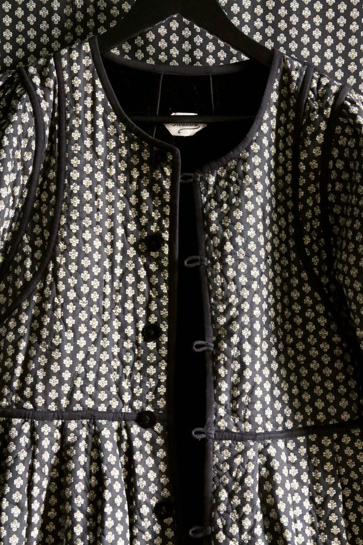 Reversible quilted coat dress, black velvet / black Provençal print