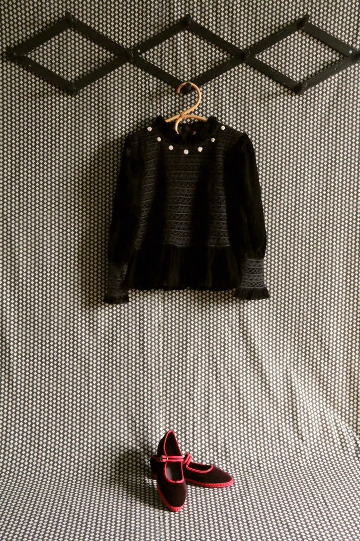 Black velvet smocked blouse