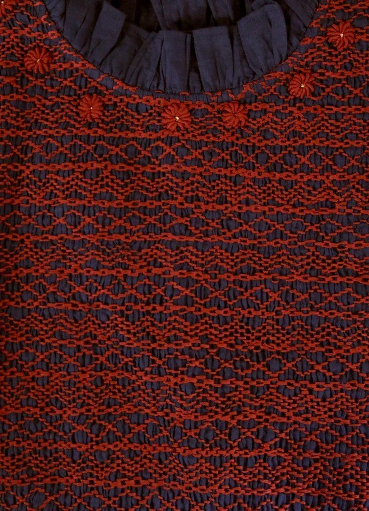 Smocked Blouse, Woven Cotton Voile, Navy Check