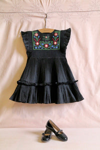 Black pleated taffeta embroidered dress