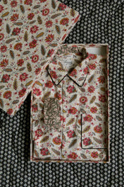 Floral print pajama shirt in a gift box, featuring vintage-inspired patterns and piping detail
