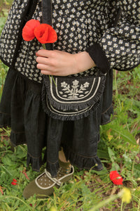 Small black denim embroidered bag and its matching hair clip