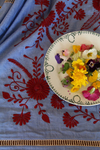 Embroidered table cloth Blue chambray