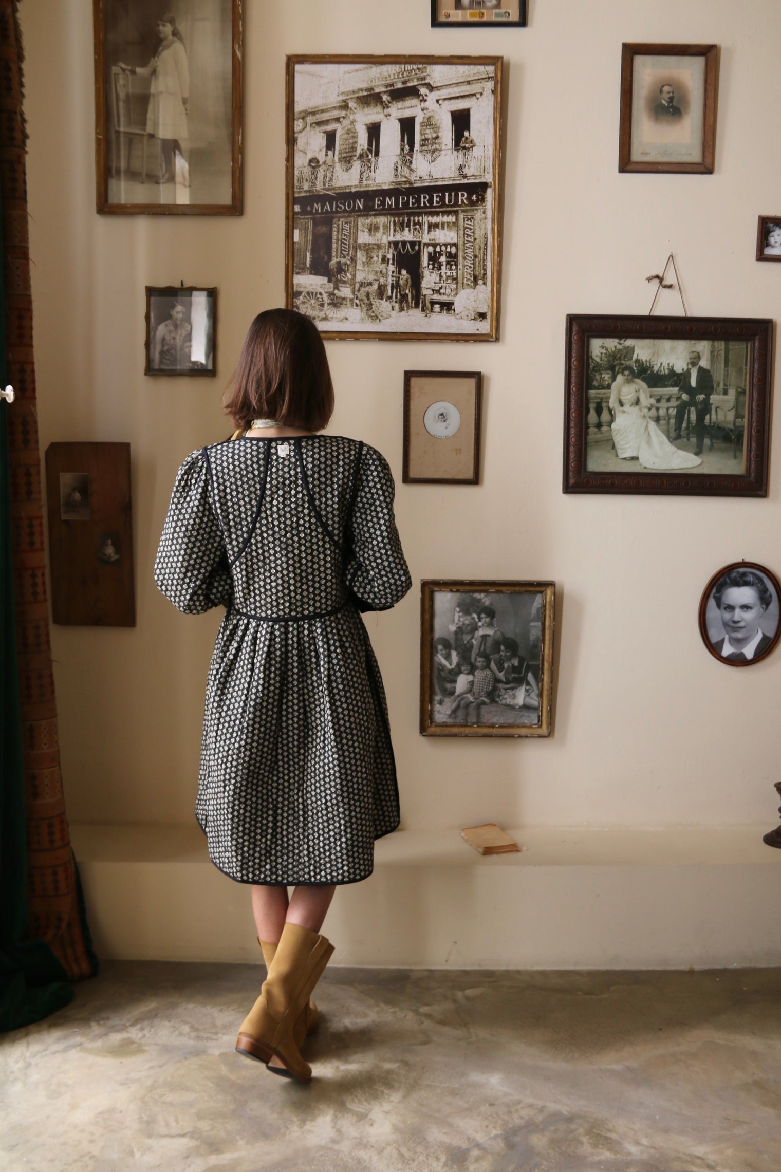 Reversible quilted coat dress, black velvet / black Provençal print
