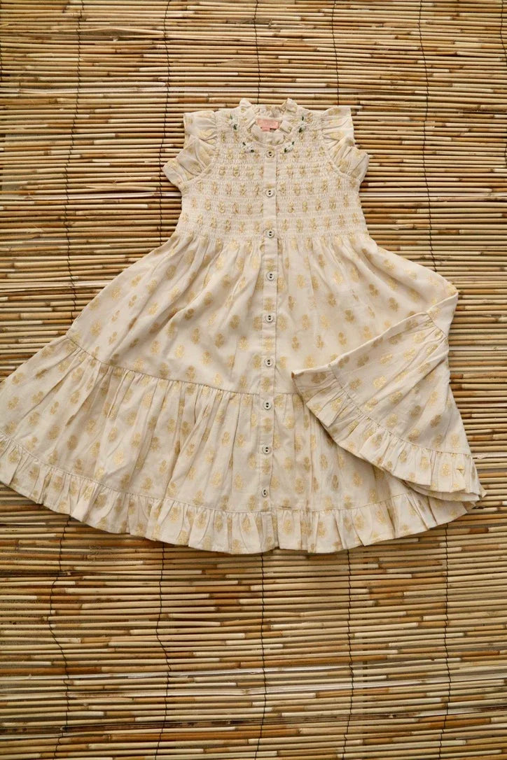 Robe longue fleur dorée sur ivoire