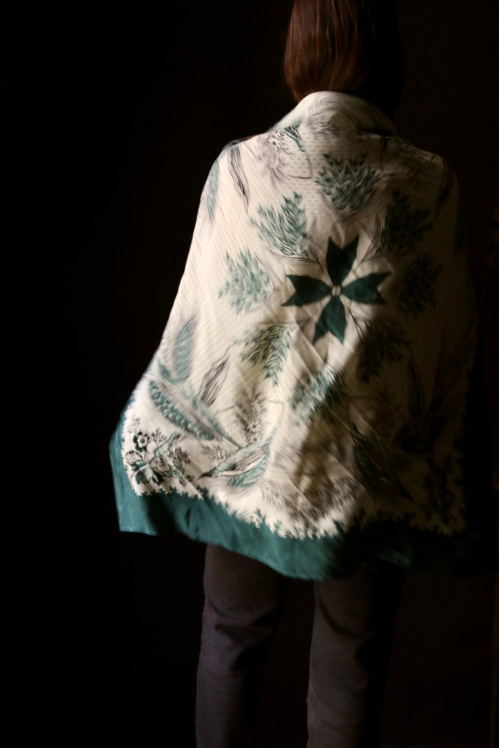 Grand dark green silk scarf with wheat ears