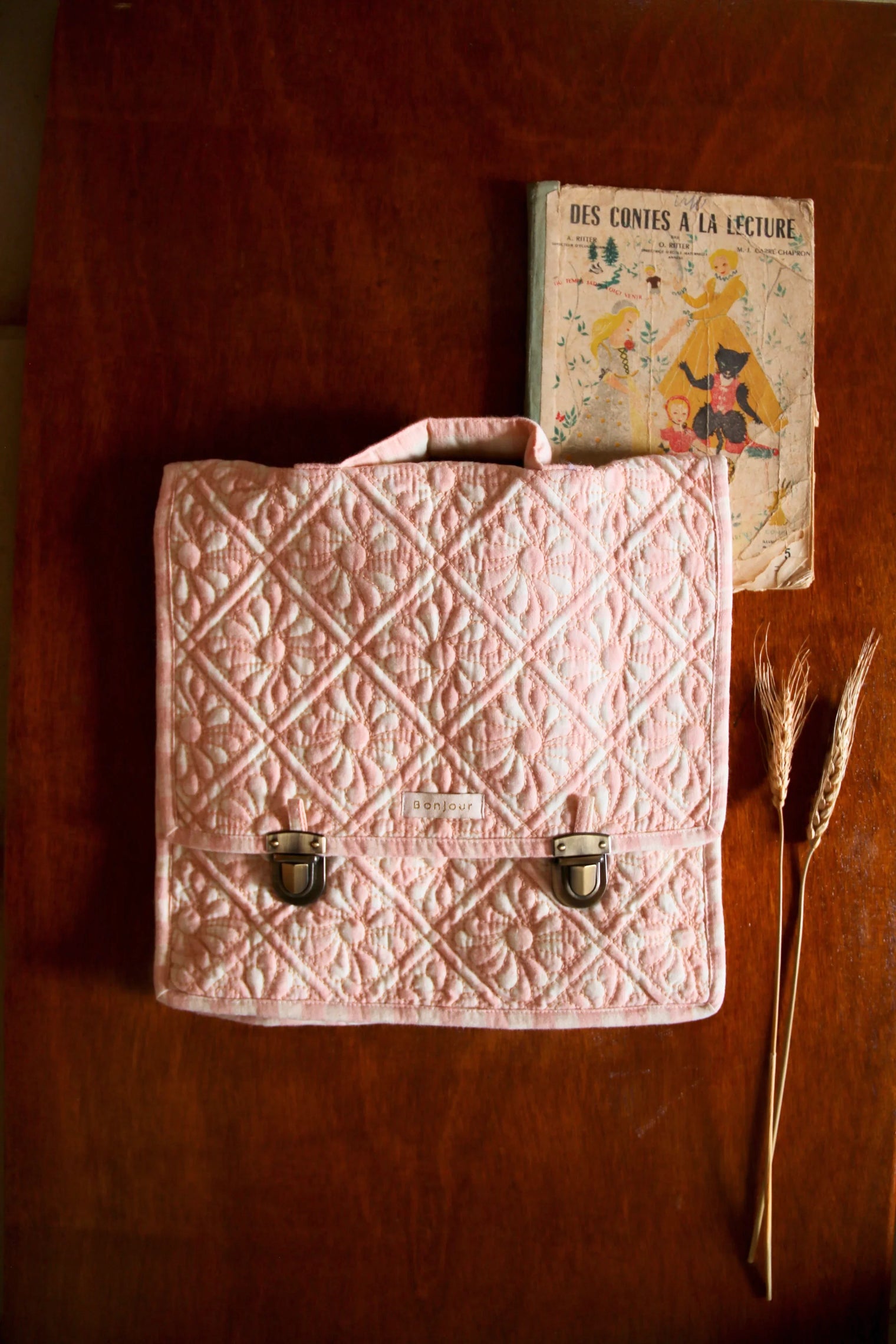 Cartable matelassé vichy rose
