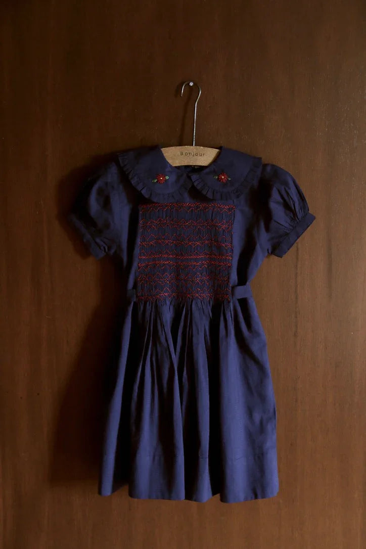 Robe à smocks voile carreau marine